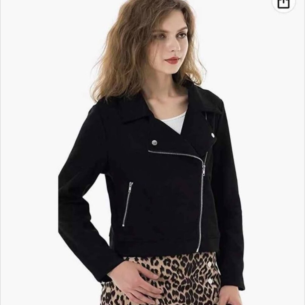 Apperloth Womens XL Suede Jacket Black Long Sleeve Zipper Short Moto Biker Coat